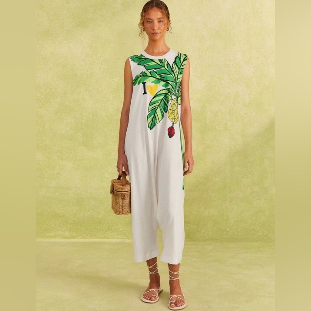 FARM Rio White Jumpsuit with Green Banana Leaf Print